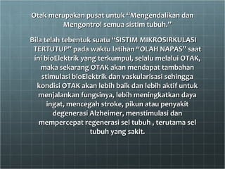 Otak merupakan pusat untuk “Mengendalikan dan Mengontrol semua sistim tubuh.” Bila telah tebentuk suatu “SISTIM MIKROSIRKULASI TERTUTUP” pada waktu latihan “OLAH NAPAS” saat ini bioElektrik yang terkumpul, selalu melalui OTAK, maka sekarang OTAK akan mendapat tambahan stimulasi bioElektrik dan vaskularisasi sehingga kondisi OTAK akan lebih baik dan lebih aktif untuk menjalankan fungsinya, lebih meningkatkan daya ingat, mencegah stroke, pikun atau penyakit degenerasi Alzheimer, menstimulasi dan mempercepat regenerasi sel tubuh , terutama sel tubuh yang sakit. 
