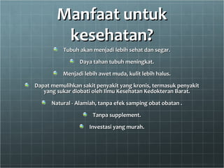 Manfaat untukManfaat untuk
kesehatan?kesehatan?
Tubuh akan menjadi lebih sehat dan segar.Tubuh akan menjadi lebih sehat dan segar.
Daya tahan tubuh meningkat.Daya tahan tubuh meningkat.
Menjadi lebih awet muda, kulit lebih halus.Menjadi lebih awet muda, kulit lebih halus.
Dapat memulihkan sakit penyakit yang kronis, termasuk penyakitDapat memulihkan sakit penyakit yang kronis, termasuk penyakit
yang sukar diobati oleh Ilmu Kesehatan Kedokteran Barat.yang sukar diobati oleh Ilmu Kesehatan Kedokteran Barat.
Natural - Alamiah, tanpa efek samping obat obatan .Natural - Alamiah, tanpa efek samping obat obatan .
Tanpa supplement.Tanpa supplement.
Investasi yang murah.Investasi yang murah.
 