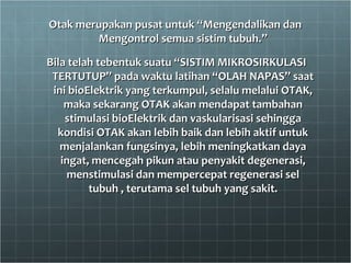 Otak merupakan pusat untuk “Mengendalikan danOtak merupakan pusat untuk “Mengendalikan dan
Mengontrol semua sistim tubuh.”Mengontrol semua sistim tubuh.”
Bila telah tebentuk suatu “SISTIM MIKROSIRKULASIBila telah tebentuk suatu “SISTIM MIKROSIRKULASI
TERTUTUP” pada waktu latihan “OLAH NAPAS” saatTERTUTUP” pada waktu latihan “OLAH NAPAS” saat
ini bioElektrik yang terkumpul, selalu melalui OTAK,ini bioElektrik yang terkumpul, selalu melalui OTAK,
maka sekarang OTAK akan mendapat tambahanmaka sekarang OTAK akan mendapat tambahan
stimulasi bioElektrik dan vaskularisasi sehinggastimulasi bioElektrik dan vaskularisasi sehingga
kondisi OTAK akan lebih baik dan lebih aktif untukkondisi OTAK akan lebih baik dan lebih aktif untuk
menjalankan fungsinya, lebih meningkatkan dayamenjalankan fungsinya, lebih meningkatkan daya
ingat, mencegah pikun atau penyakit degenerasi,ingat, mencegah pikun atau penyakit degenerasi,
menstimulasi dan mempercepat regenerasi selmenstimulasi dan mempercepat regenerasi sel
tubuh , terutama sel tubuh yang sakit.tubuh , terutama sel tubuh yang sakit.
 