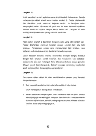Langkah 2 :
Kotak yang lebih rendah sedikit daripada aktiviti langkah 1 digunakan. Segala
perlakuan dan aktiviti adalah seperti dalam langkah 1. Pelajar dikehendaki
dan diarahkan untuk membuat lonjakan sedikit.

Ia bertujuan untuk

mengangkat badan. Gunakan tali getah dan ini akan memberi keyakinan
semasa membuat lonjakan dengan kedua belah kaki. Langkah ini perlu
diulang beberapa kali untuk peneguhan dan keyakinan.
Langkah 3 :
Kotak dalam langkah 2 digantikan dengan bangku yang lebih rendah lagi.
Pelajar dikehendaki membuat lonjakan dengan sebelah kaki iaitu kaki
lonjakan.

Pengasingan pelajar yang menggunakan kaki lonjakan yang

berlainan perlu diasingkan di kiri dan kanan tempat melompat.
Dalam keadaan berjalan, mereka dikehendaki memijak bangku tersebut
dengan kaki lonjakan sambil melonjak dan menghayun kaki sebebasbebasnya ke atas dan melompat. Perlu ditekankan bahaya tangan perlulah
dihayun seperti dalam langkah 2. Setelah beberapa kali dicuba, barulah tali
getah tadi digantikan dengan palang yang sebenar.
Langkah 4 :
Penumpuan dalam aktiviti ini ialah menitikberatkan perkara yang bersabit
dengan layangan.
1. Kaki yang paling dekat dengan palang hendaklah di kilas bebas
untuk mendapatkan daya putaran pada badan.
2. Badan hendaklah dilengkungkan ketika berada di atas tali getah supaya
mendapat gaya dan ketinggian yang baik dan sempurna. Selepas didapati
aktiviti ini dapat dicapai, barulah palang digunakan untuk merasai suasana
sebenar acara lompat tinggi gaya ini.

13

 