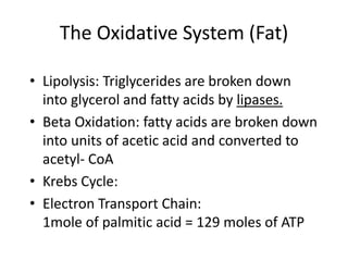 The Oxidative System (Fat)
• Lipolysis: Triglycerides are broken down
into glycerol and fatty acids by lipases.
• Beta Oxidation: fatty acids are broken down
into units of acetic acid and converted to
acetyl- CoA
• Krebs Cycle:
• Electron Transport Chain:
1mole of palmitic acid = 129 moles of ATP
 