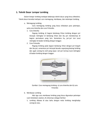 1. Teknik Dasar Lempar Lembing
Dalam lempar lembing terdapat beberapa teknik dasar yang harus diketahui.
Teknik dasar tersebut meliputi cara memegang, membawa, dan melempar lembing.
a. Memegang Lembing
Cara memegang lembing yang biasa dilakukan para pelempar,
yaitu cara Amerika dan cara Finlandia.
1. Cara Amerika
Pegang lembing di bagian belakang lilitan lembing dengan jari
telunjuk melingkar di belakang lilitan dan ibu jari menekannya di
bagian permukaan yang lain. Sementara itu, jari-jari lain turut
melingkar di badan lembing dengan longgar.
2. Cara Finlandia
Pegang lembing pada bagian belakang lilitan dengan jari tengah
dan ibu jari, sementara jari telunjuk berada sepanjang batang lembing
dan agak serong ke arah yang wajar. Jari-jari lainnya turut melingkar
di badan lembing dengan longgar.
Gambar: Cara memegang lembing: a) cara Amerika dan b) cara
Finlandia
b. Membawa Lembing
Ada tiga cara membawa lembing yang biasa digunakan pelempar
saat melakukan awalan, di antaranya sebagai berikut:
1. Lembing dibawa di atas bahu dengan mata lembing menghadap
serong ke atas.
 