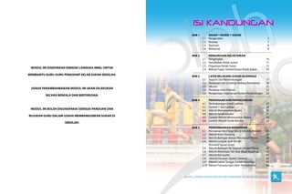 BAB 1          DASAR 1 MURID 1 SUKAN
                                                            1.1    Pengenalan                                     7
                                                            1.2    Konsep                                         7
                                                            1.3    Rasional                                       8
                                                            1.4    Matlamat                                       8

                                                    BAB 2          PENGURUSAN KELAB SUKAN
                                                            2.1    Pengenalan                                    10
                                                            2.2    Penubuhan Kelab Sukan                         11
                                                            2.3    Organisasi Kelab Sukan                        13
 MODUL INI DISEDIAKAN SEBAGAI LANGKAH AWAL UNTUK            2.4    Bidang Tugas Jawatankuasa Kelab Sukan         14
MEMBANTU GURU-GURU PENASIHAT KELAB SUKAN SEKOLAH.   BAB 3          LATAR BELAKANG SUKAN OLAHRAGA
                                                            3.1    Sejarah Dan Perkembangan                      17
                                                            3.2    Peraturan Dan Undang-Undang Permainan         18
                                                            3.3    Ukuran                                        21
 USAHA PENAMBAHBAIKAN MODUL INI AKAN DILAKUKAN              3.4    Peralatan Dan Pakaian                         22
                                                            3.5    Pengelolaan Kejohanan/Sistem Pertandingan     24
         SECARA BERKALA DAN BERTERUSAN.
                                                    BAB 4          PERSEDIAAN DAN PERANCANGAN
                                                            4.1    Pertimbangan Untuk Latihan                    27
                                                            4.2    Contoh 1 Sesi Latihan                         28
 MODUL INI BOLEH DIGUNAPAKAI SEBAGAI PANDUAN DAN            4.3    Aktiviti Memanaskan Badan                     31
                                                            4.4    Aktiviti Gerak Kendur                         31
RUJUKAN GURU DALAM USAHA MEMBANGUNKAN SUKAN DI              4.5    Contoh Aktiviti Memanaskan Badan              32
                                                            4.6    Contoh Aktiviti Gerak Kendur                  34
                    SEKOLAH.
                                                    BAB 5          PERKEMBANGAN KEMAHIRAN
                                                            5.1    Permainan Kecil Bagi Murid Sekolah Rendah     36
                                                            5.2    Aktiviti Knee Throwing                        38
                                                            5.3    Aktiviti Balingan Rotasi (Rotational Throw)   38
                                                            5.4    Aktiviti Lompat Jauh Berdiri                  39
                                                                   (Forward Squad Jump)
                                                            5.5    Aktiviti Balingan Ke Sasaran (Target Throw)   40
                                                            5.6    Aktiviti Melompat Tali Skip (Rope Skipping)   41
                                                            5.7    Aktiviti Kid Javelin                          41
                                                            5.8     Aktiviti Pecutan (Sprint / Slalom)           42
                                                            5.9    Aktiviti Larian Tangga (Ladder Running)       43
                                                            5.10   Aktiviti Formula Satu (Kids’ Formula One)     44
 
