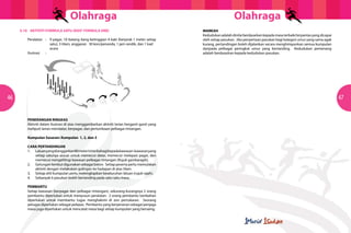Olahraga                                                                     Olahraga
     5.10 AKTIVITI FORMULA SATU (KIDS’ FORMULA ONE)                                           MARKAH
                                                                                              Kedudukan adalah dinilai berdasarkan kepada masa terbaik/terpantas yang dicapai
         Peralatan : 9 pagar, 10 batang tiang ketinggian 4 kaki (berjarak 1 meter setiap      oleh setiap pasukan. Jika penyertaan pasukan bagi kategori umur yang sama agak
                     satu), 3 tilam, anggaran 30 kon/penanda, 1 jam randik, dan 1 kad         kurang, pertandingan boleh dijalankan secara menghimpunkan semua kumpulan
                     acara                                                                    daripada pelbagai peringkat umur yang bertanding. Kedudukan pemenang
         Ilustrasi :                                                                          adalah berdasarkan kepada kedudukan pasukan.




46                                                                                                                                                                              47


         PENERANGAN RINGKAS
         Aktiviti dalam ilustrasi di atas menggambarkan aktiviti larian berganti-ganti yang
         meliputi larian mendatar, berpagar, dan perlumbaan pelbagai rintangan.

         Kumpulan Sasaran: Kumpulan 1, 2, dan 3

         CARA PERTANDINGAN
         1. Laluan yang dianggarkan 80 meter ini terbahagi kepada kawasan-kawasan yang
            setiap satunya sesuai untuk memecut datar, memecut melepasi pagar, dan
            memecut mengelilingi kawasan pelbagai rintangan (Rujuk gambarajah).
         2. Gelungan lembut digunakan sebagai baton. Setiap peserta perlu memulakan
            aktiviti dengan melakukan gulingan ke hadapan di atas tilam.
         3. Setiap ahli kumpulan perlu melengkapkan keseluruhan laluan (rujuk rajah).
         4. Sebanyak 6 pasukan boleh bertanding pada satu-satu masa.

         PEMBANTU
         Setiap kawasan (berpagar dan pelbagai rintangan), sekurang-kurangnya 2 orang
         pembantu diperlukan untuk menyusun peralatan. 2 orang pembantu tambahan
         diperlukan untuk membantu tugas menghakimi di zon pertukaran. Seorang
         petugas diperlukan sebagai pelepas. Pembantu yang berperanan sebagai penjaga
         masa juga diperlukan untuk mencatat masa bagi setiap kumpulan yang bersaing.
 