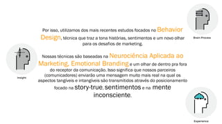 Por isso, utilizamos dos mais recentes estudos focados no Behavior
Design, técnica que traz a tona histórias, sentimentos e um novo olhar
para os desafios de marketing.
Nossas técnicas são baseadas na Neurociência Aplicada ao
Marketing, Emotional Branding e um olhar de dentro pra fora
do receptor da comunicação. Isso significa que nossos parceiros
(comunicadores) enviarão uma mensagem muito mais real na qual os
aspectos tangíveis e intangíveis são transmitidos através do posicionamento
focado na story-true, sentimentos e na mente
inconsciente.
 