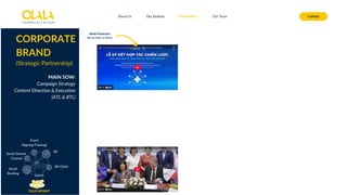 About Us Our Services Contact
Our Projects Our Team
Media Production
(Recap Video & Photo)
CORPORATE
BRAND
(Strategic Partnership)
MAIN SOW:
Campaign Strategy
Content Direction & Execution
(ATL & BTL)
Social Owned
Channel
DF/OOH
Event
(Signing/Training)
PR
TOUCHPOINT
Social
Booking
 