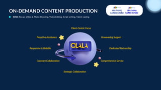 ON-DEMAND CONTENT PRODUCTION
Proactive Assistance
Proactive Assistance
Responsive & Reliable
Responsive & Reliable
Constant Collaboration
Constant Collaboration Comprehensive Service
Comprehensive Service
Dedicated Partnership
Dedicated Partnership
Unwavering Support
Unwavering Support
Client-Centric Focus
Client-Centric Focus
Strategic Collaboration
Strategic Collaboration
SOW: Recap, Video & Photo Shooting, Video Editing, Script writing, Talent casting
 