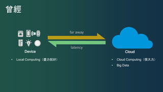 Device Cloud
曾經
far away
latency
• Local Computing（盡力就好） • Cloud Computing（很大力）
• Big Data
 