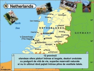 12 provincii olandeze ofere păduri întinse si bogate, dealuri ondulate  cu podgorii de vită de vie, superbe rezervatii naturale  si nu în ultimul rând pajisti întinse pline de vestitele lalele. 