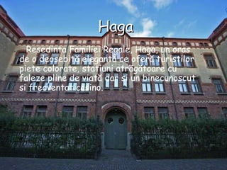Resedinta Familiei Regale, Haga, un oras de o deosebită elegantă ce oferă turistilor piete colorate, statiuni atrăgătoare cu faleze pline de viată dar si un binecunoscut si frecventat casino. Haga 