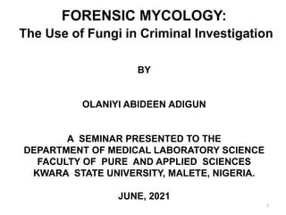 FORENSIC MYCOLOGY:
The Use of Fungi in Criminal Investigation
BY
OLANIYI ABIDEEN ADIGUN
A SEMINAR PRESENTED TO THE
DEPARTMENT OF MEDICAL LABORATORY SCIENCE
FACULTY OF PURE AND APPLIED SCIENCES
KWARA STATE UNIVERSITY, MALETE, NIGERIA.
JUNE, 2021
1
 