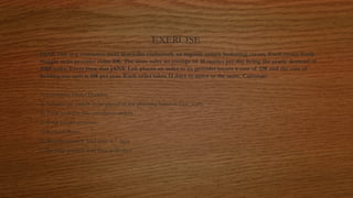 EXERCISE
JANE Ltd. is a cosmetics store that sales exclusively an organic unisex hydrating cream. Each cream bottle
bought to its provider costs 30€. The store sales an average of 10 bottles per day being the yearly demand of
2000 units. Every time that JANE Ltd. places an order to its provider incurs a cost of 25€ and the cost of
holding one unit is 10€ per year. Each order takes 14 days to arrive to the store. Calculate:
1) Economic Order Quantity
2) Number of orders to be placed in the planning horizon (one year).
3) Time between two correlative orders.
4) Total Inventory costs.
5) Reorder Point.
6) Reorder point if lead time is 7 days.
7) Reorder point if lead time is 21 days
 