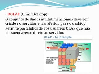 • DOLAP (OLAP Desktop):
O conjunto de dados multidimensionais deve ser
criado no servidor e transferido para o desktop.
Permite portabilidade aos usuários OLAP que não
possuem acesso direto ao servidor.
 