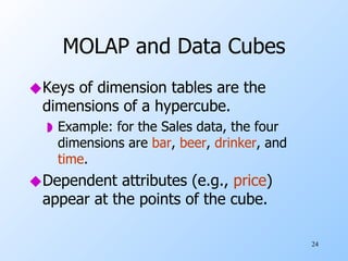 MOLAP and Data Cubes Keys of dimension tables are the dimensions of a hypercube. Example: for the Sales data, the four dimensions are  bar ,  beer ,  drinker , and  time . Dependent attributes (e.g.,  price ) appear at the points of the cube. 