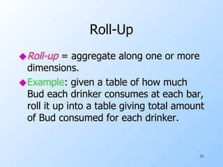 Roll-Up Roll-up  = aggregate along one or more dimensions. Example : given a table of how much Bud each drinker consumes at each bar, roll it up into a table giving total amount of Bud consumed for each drinker.  