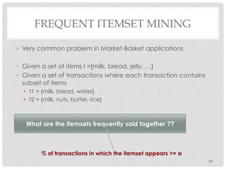 FREQUENT ITEMSET MINING
•  Very common problem in Market-Basket applications
•  Given a set of items I ={milk, bread, jelly, …}
•  Given a set of transactions where each transaction contains
subset of items
•  t1 = {milk, bread, water}
•  t2 = {milk, nuts, butter, rice}
29
What are the itemsets frequently sold together ??
% of transactions in which the itemset appears >= α
 