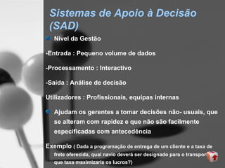 Sistemas de Apoio à Decisão
 (SAD)
   Nível da Gestão

-Entrada : Pequeno volume de dados

-Processamento : Interactivo

-Saída : Análise de decisão

Utilizadores : Profissionais, equipas internas

   Ajudam os gerentes a tomar decisões não- usuais, que
   se alteram com rapidez e que não são facilmente
   especificadas com antecedência

Exemplo ( Dada a programação de entrega de um cliente e a taxa de
   frete oferecida, qual navio deverá ser designado para o transporte e
   que taxa maximizaria os lucros?)
 