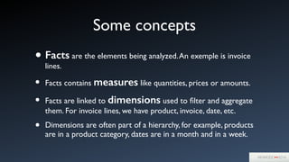 Some concepts
• Facts are the elements being analyzed.An exemple is invoice
lines.	

• Facts contains measures like quantities, prices or amounts.	

• Facts are linked to dimensions used to ﬁlter and aggregate
them. For invoice lines, we have product, invoice, date, etc.	

• Dimensions are often part of a hierarchy, for example, products
are in a product category, dates are in a month and in a week.
 