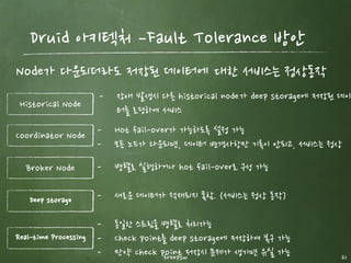 21
Druid 아키텍처 ­ Granularity
https://blog.codecentric.de/en/2016/08/realtime-fast-data-analytics-druid/
Granularity에 따라서 segment 개수 및 데이터 size 결정
Segment
- Segment file의 생성 단위
- Day로 설정한 경우 1개 segment
- Minute인 경우 2개 segment
Query
- 데이터 Roll up 단위
- Minute인 경우 3개 row로 축소
- Disk/memory 사이즈 절약
freepsw
 
