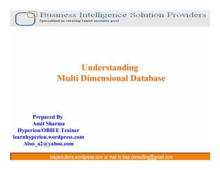 9/23/2010 1
Understanding
Multi Dimensional Database
Prepared By
Amit Sharma
Hyperion/OBIEE Trainer
learnhyperion.wordpress.com
Aloo_a2@yahoo.com
 
