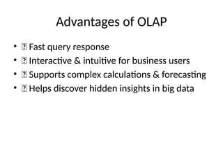 Advantages of OLAP
• 🌟 Fast query response
• 🌟 Interactive & intuitive for business users
• 🌟 Supports complex calculations & forecasting
• 🌟 Helps discover hidden insights in big data
 
