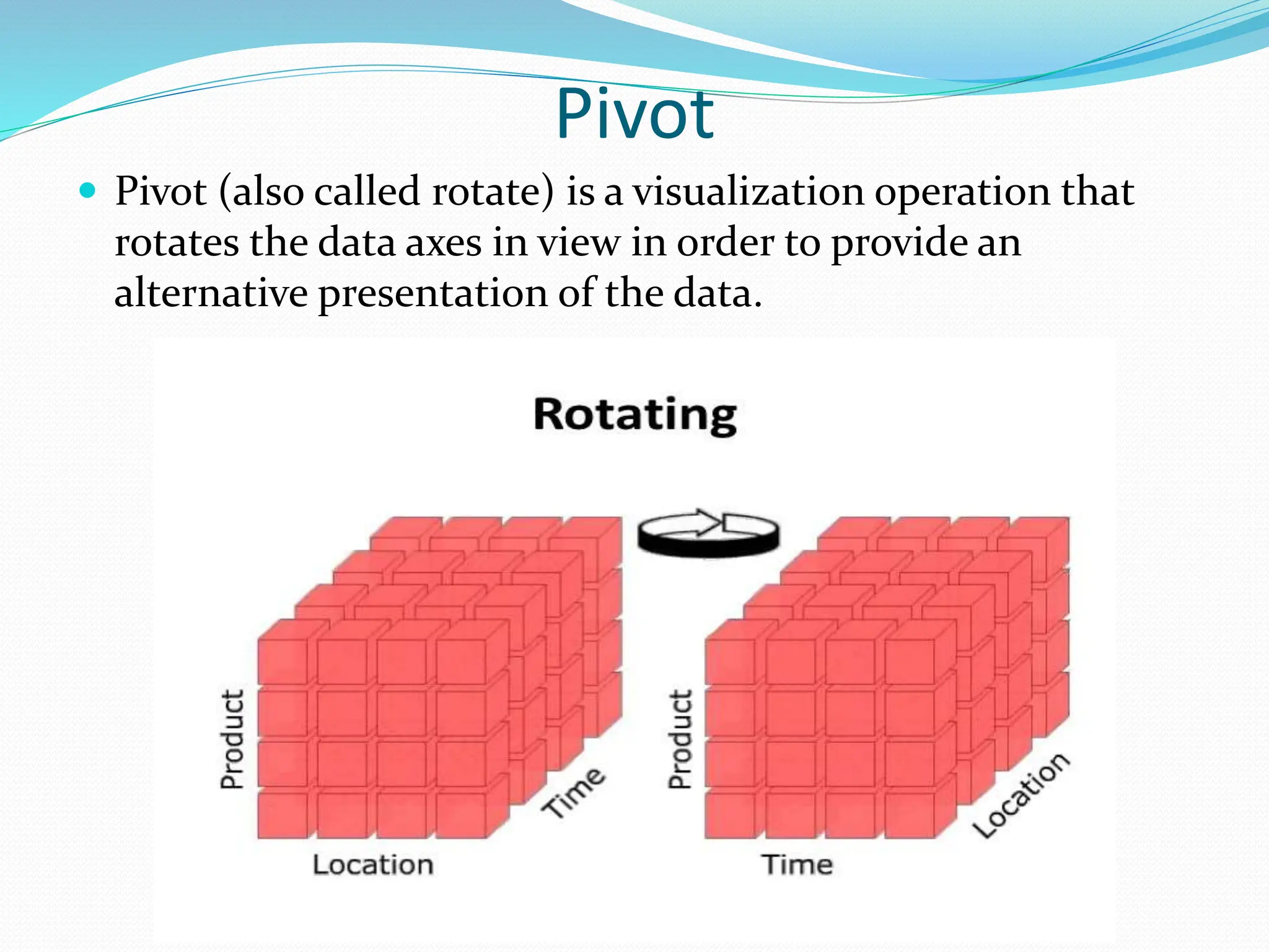 Pivot
 Pivot (also called rotate) is a visualization operation that
rotates the data axes in view in order to provide an
alternative presentation of the data.
 