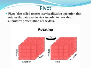 Pivot
 Pivot (also called rotate) is a visualization operation that
rotates the data axes in view in order to provide an
alternative presentation of the data.
 
