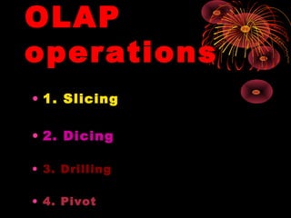OLAP
operations
• 1. Slicing
• 2. Dicing
• 3. Drilling
• 4. Pivot
 