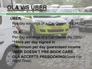 OLA V/S UBER
 UBER:
1. Per day earnings of a Car Owner: Rs.3480*/-
**
 OLA:
1. Per day earnings of a Car Owner:Rs.2800/-*
• *16hrs per day signed in
• **Minimum per day guaranteed income
• UBER DOESN’T PRE-BOOK CARS.
• OLA ACCEPTS PREBOOKING(Good For
Night Time)
 