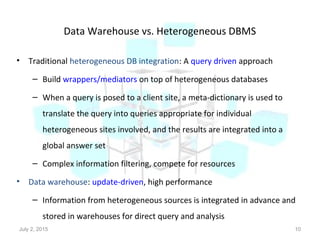 Data Warehouse vs. Heterogeneous DBMS
• Traditional heterogeneous DB integration: A query driven approach
– Build wrappers/mediators on top of heterogeneous databases
– When a query is posed to a client site, a meta-dictionary is used to
translate the query into queries appropriate for individual
heterogeneous sites involved, and the results are integrated into a
global answer set
– Complex information filtering, compete for resources
• Data warehouse: update-driven, high performance
– Information from heterogeneous sources is integrated in advance and
stored in warehouses for direct query and analysis
July 2, 2015 10
 
