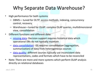 Why Separate Data Warehouse?
• High performance for both systems
– DBMS— tuned for OLTP: access methods, indexing, concurrency
control, recovery
– Warehouse—tuned for OLAP: complex OLAP queries, multidimensional
view, consolidation
• Different functions and different data:
– missing data: Decision support requires historical data which
operational DBs do not typically maintain
– data consolidation: DS requires consolidation (aggregation,
summarization) of data from heterogeneous sources
– data quality: different sources typically use inconsistent data
representations, codes and formats which have to be reconciled
• Note: There are more and more systems which perform OLAP analysis
directly on relational databases
July 2, 2015 15
 