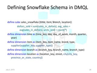 Defining Snowflake Schema in DMQL
define cube sales_snowflake [time, item, branch, location]:
dollars_sold = sum(sales_in_dollars), avg_sales =
avg(sales_in_dollars), units_sold = count(*)
define dimension time as (time_key, day, day_of_week, month, quarter,
year)
define dimension item as (item_key, item_name, brand, type,
supplier(supplier_key, supplier_type))
define dimension branch as (branch_key, branch_name, branch_type)
define dimension location as (location_key, street, city(city_key,
province_or_state, country))
July 2, 2015 26
 