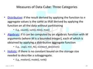 Measures of Data Cube: Three Categories
• Distributive: if the result derived by applying the function to n
aggregate values is the same as that derived by applying the
function on all the data without partitioning
• E.g., count(), sum(), min(), max()
• Algebraic: if it can be computed by an algebraic function with M
arguments (where M is a bounded integer), each of which is
obtained by applying a distributive aggregate function
• E.g., avg(), min_N(), standard_deviation()
• Holistic: if there is no constant bound on the storage size
needed to describe a subaggregate.
• E.g., median(), mode(), rank()
July 2, 2015 28
 
