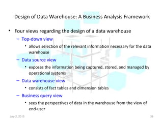 Design of Data Warehouse: A Business Analysis Framework
• Four views regarding the design of a data warehouse
– Top-down view
• allows selection of the relevant information necessary for the data
warehouse
– Data source view
• exposes the information being captured, stored, and managed by
operational systems
– Data warehouse view
• consists of fact tables and dimension tables
– Business query view
• sees the perspectives of data in the warehouse from the view of
end-user
July 2, 2015 39
 