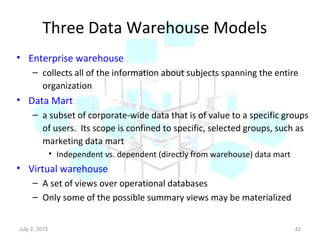 Three Data Warehouse Models
• Enterprise warehouse
– collects all of the information about subjects spanning the entire
organization
• Data Mart
– a subset of corporate-wide data that is of value to a specific groups
of users. Its scope is confined to specific, selected groups, such as
marketing data mart
• Independent vs. dependent (directly from warehouse) data mart
• Virtual warehouse
– A set of views over operational databases
– Only some of the possible summary views may be materialized
July 2, 2015 42
 