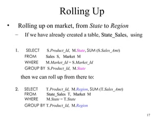 17
Rolling Up
• Rolling up on market, from State to Region
– If we have already created a table, State_Sales
State_Sales, using
1. SELECT S.Product_Id, M.State, SUM (S.Sales_Amt)
FROM Sales
Sales S, Market
Market M
WHERE M.Market_Id = S.Market_Id
GROUP BY S.Product_Id, M.State
then we can roll up from there to:
2
2. SELECT T.Product_Id, M.Region, SUM (T.Sales_Amt)
FROM State_Sales
State_Sales T, Market
Market M
WHERE M.State = T.State
GROUP BY T.Product_Id, M.Region
 
