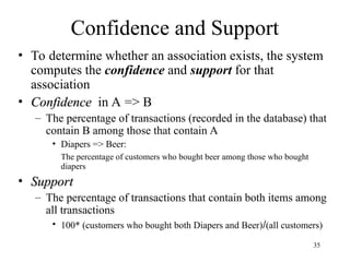 35
Confidence and Support
• To determine whether an association exists, the system
computes the confidence and support for that
association
• Confidence
Confidence in A => B
– The percentage of transactions (recorded in the database) that
contain B among those that contain A
• Diapers => Beer:
The percentage of customers who bought beer among those who bought
diapers
• Support
Support
– The percentage of transactions that contain both items among
all transactions
• 100* (customers who bought both Diapers and Beer)/(all customers)
 