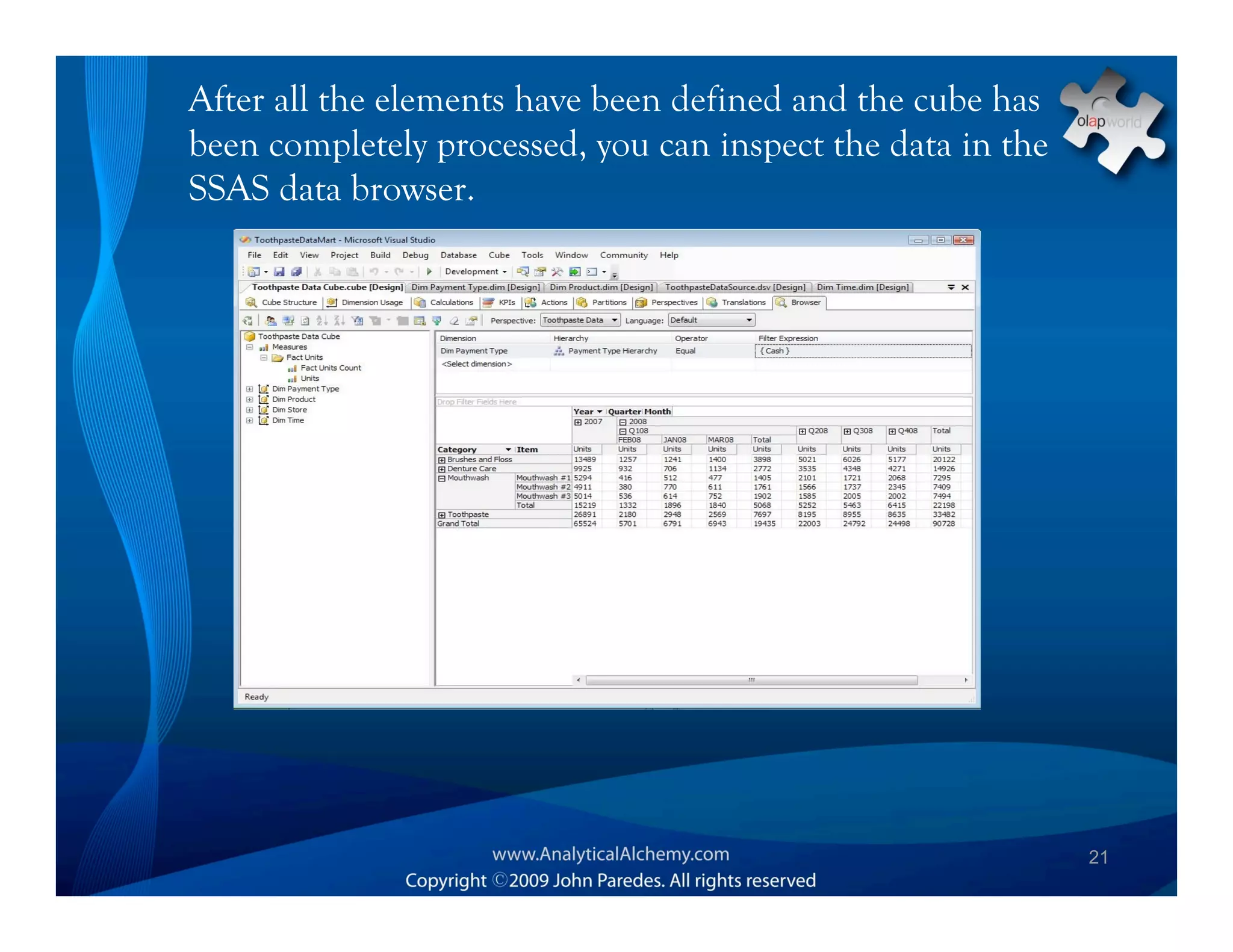 After all the elements have been defined and the cube has
been completely processed, you can inspect the data in the
SSAS data browser.




                                                             21
 