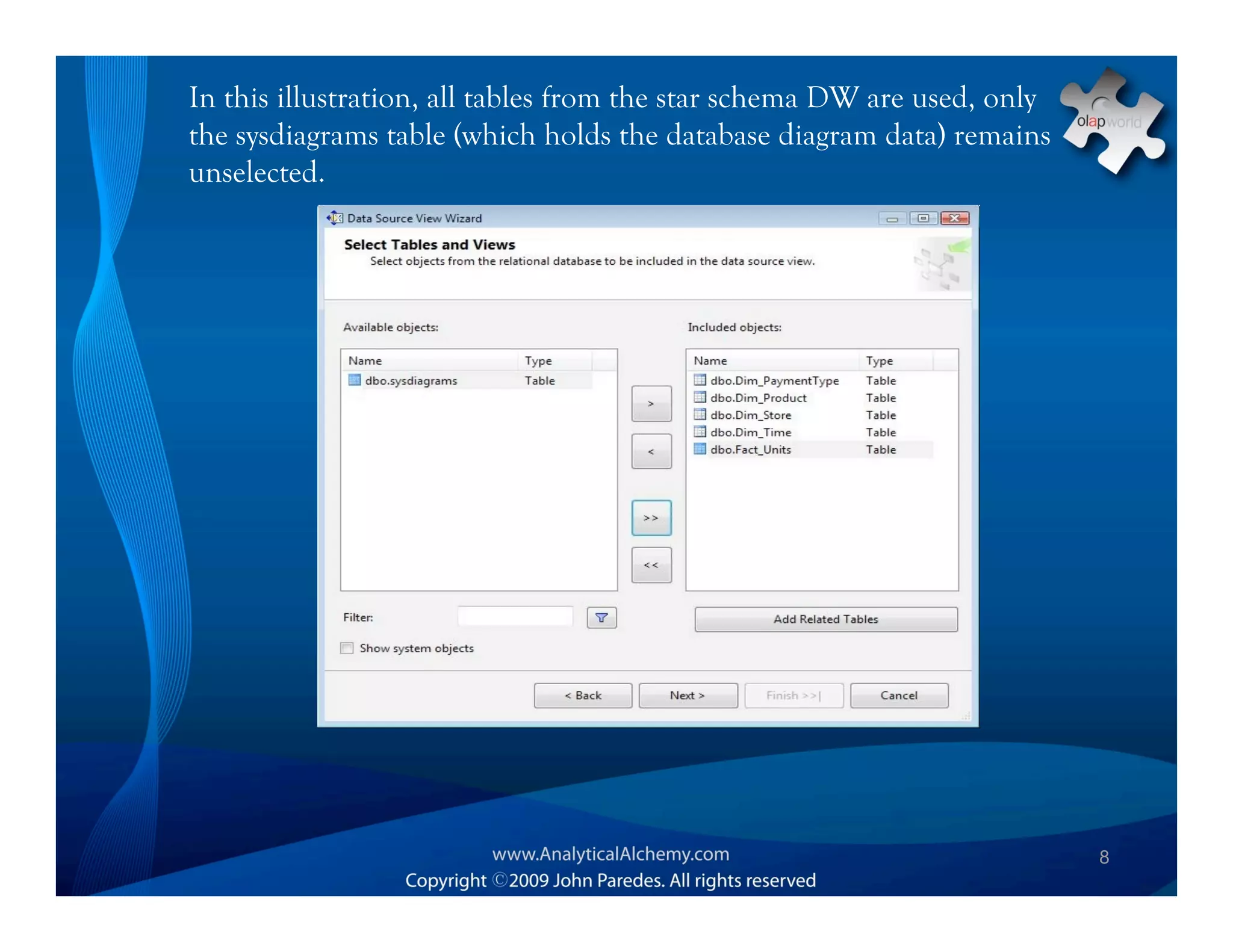 In this illustration, all tables from the star schema DW are used, only
the sysdiagrams table (which holds the database diagram data) remains
unselected.




                                                                          8
 