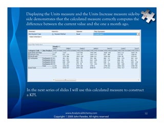 Displaying the Units measure and the Units Increase measure side-by-
side demonstrates that the calculated measure correctly computes the
difference between the current value and the one a month ago.




In the next series of slides I will use this calculated measure to construct
a KPI.



                                                                               32
 