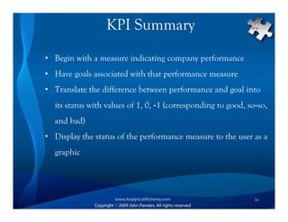 KPI Summary
• Begin with a measure indicating company performance
• Have goals associated with that performance measure
• Translate the difference between performance and goal into
  its status with values of 1, 0, -1 (corresponding to good, so-so,
  and bad)
• Display the status of the performance measure to the user as a
  graphic




                                                               34
 