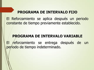 PROGRAMA DE INTERVALO FIJO
El Reforzamiento se aplica después un periodo
constante de tiempo previamente establecido.
PROGRAMA DE INTERVALO VARIABLE
El reforzamiento se entrega después de un
periodo de tiempo indeterminado.
 