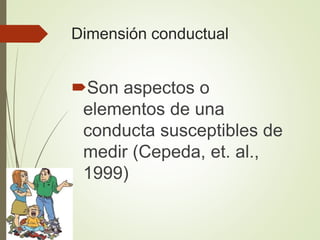 Dimensión conductual
Son aspectos o
elementos de una
conducta susceptibles de
medir (Cepeda, et. al.,
1999)
 