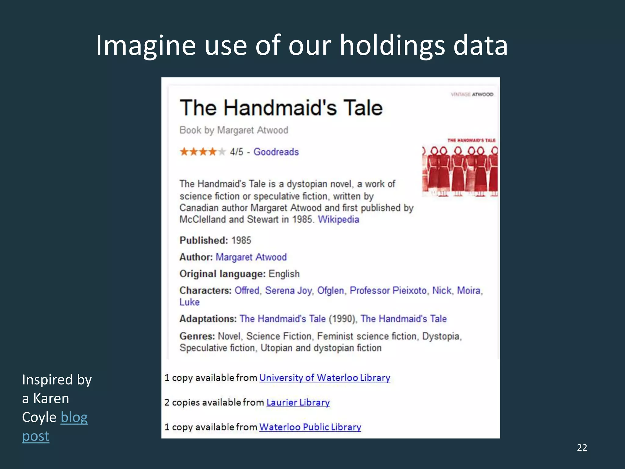 Imagine use of our holdings data
22
Inspired by
a Karen
Coyle blog
post
 