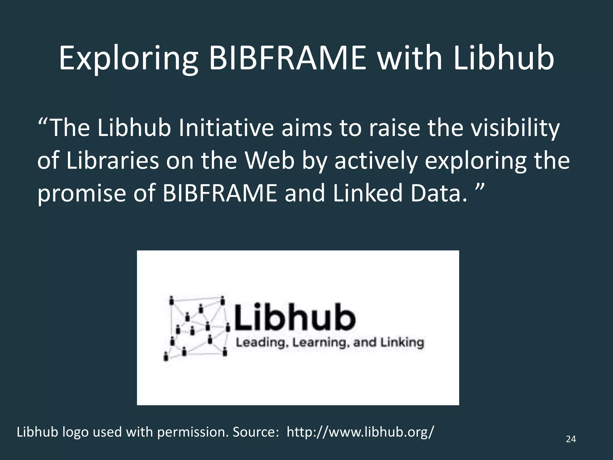 Exploring BIBFRAME with Libhub
“The Libhub Initiative aims to raise the visibility
of Libraries on the Web by actively exploring the
promise of BIBFRAME and Linked Data. ”
24
Libhub logo used with permission. Source: http://www.libhub.org/
 