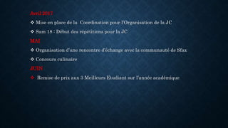 Avril 2017
 Mise en place de la Coordination pour l’Organisation de la JC
 Sam 18 : Début des répétitions pour la JC
MAI
 Organisation d’une rencontre d’échange avec la communauté de Sfax
 Concours culinaire
JUIN
 Remise de prix aux 3 Meilleurs Etudiant sur l’année académique
 