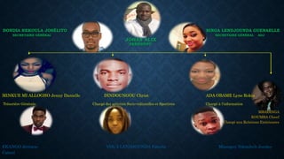 DONDIA REKOULA JOSÉLITO BINGA LENDJOUNDA GUENAELLE
SECRETAIRE GÉNÉRAL SECRETAIRE GÉNÉRAL ADJ
JOHAN ALIX
PRÉSIDENT
MINKUE MI ALLOGHO Jenny Danielle DINDOUNGOU Christ ADA OBAME Lyne Rokia
Trésorière Générale Chargé des activités Socio-culturelles et Sportives Chargé à l’information
MBADINGA
KOUMBA Cleeef
Chargé aux Relations Extérieures
EKANGO Jérémie VOUA LENDJOUNDA Fabiola Missogny Ndombylt Joesley
Cabrel
 
