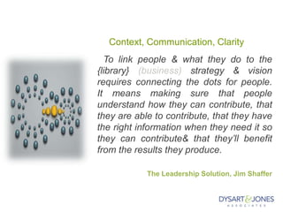 Context, Communication, Clarity
To link people & what they do to the
{library} (business) strategy & vision
requires connecting the dots for people.
It means making sure that people
understand how they can contribute, that
they are able to contribute, that they have
the right information when they need it so
they can contribute& that they’ll benefit
from the results they produce.
The Leadership Solution, Jim Shaffer
 