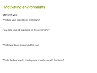 Motivating environments
Start with you:
What are your strengths or energizers?
How does your job capitalize on these strengths?
What rewards are meaningful for you?
What’s the best way to coach you or provide you with feedback?
 
