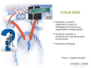 Critical Skills
 Establish, impart &
implement a vision &
strategies that make your
organization indispensable
 Create & maintain a
productive & motivating work
environment
 Embrace ambiguity
There - simple enough?
 
